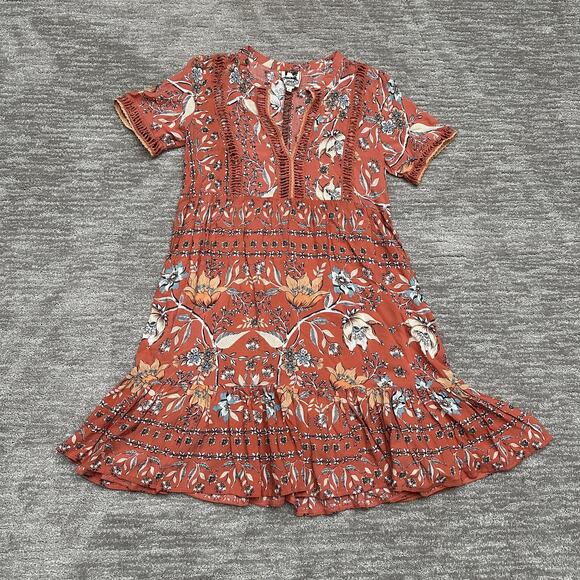 Jaase Dresses & Skirts - Jaase Dress Womens Small Rust Floral Boho Ruffle Hem Summer Lace Cut Out